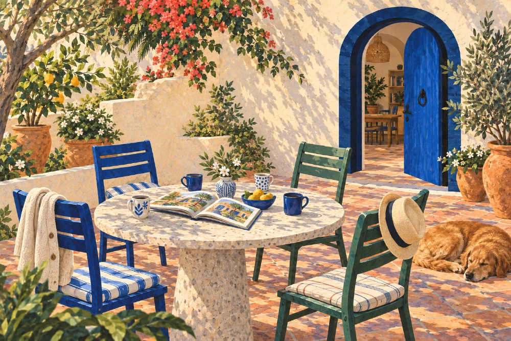 An imagined courtyard: an open art book and four coffees on a table, a cardigan and hat on nearby chairs, and a dog resting beside an open, arched blue door.