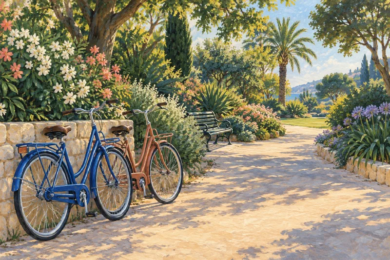 Two bicycles resting beside a sunlit garden path, with flowers and a shady bench along the way.