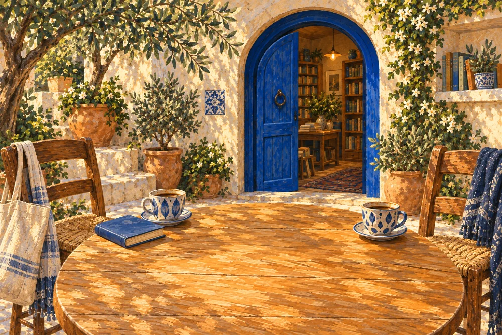 A painted Mediterranean courtyard with two coffees and a book on a sunlit table, beside an arched cobalt blue door.