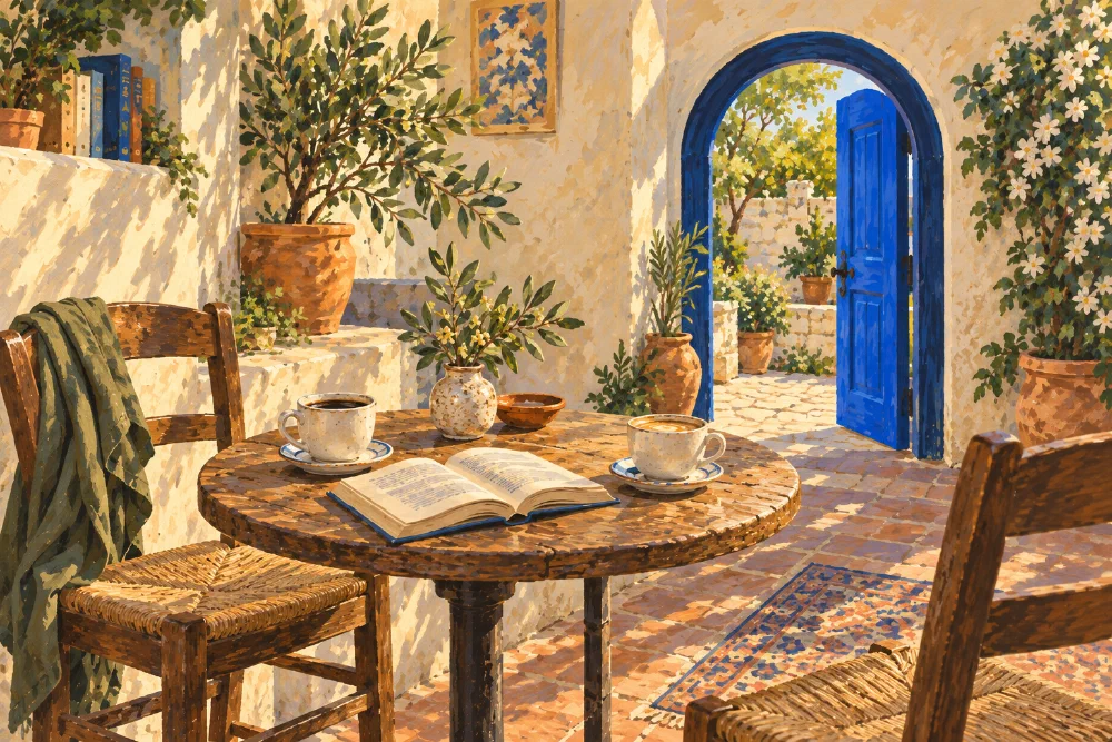 A painted courtyard with two coffees, an open book and a cardigan over a chair beside an open blue door.