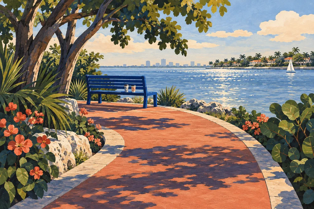 A curving waterside path leads to a blue bench with two cups in the afternoon shade.