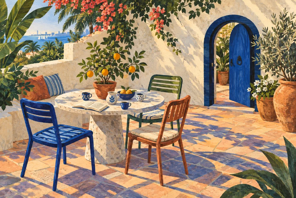 A sunlit courtyard with three chairs around a table and an open arched blue door.
