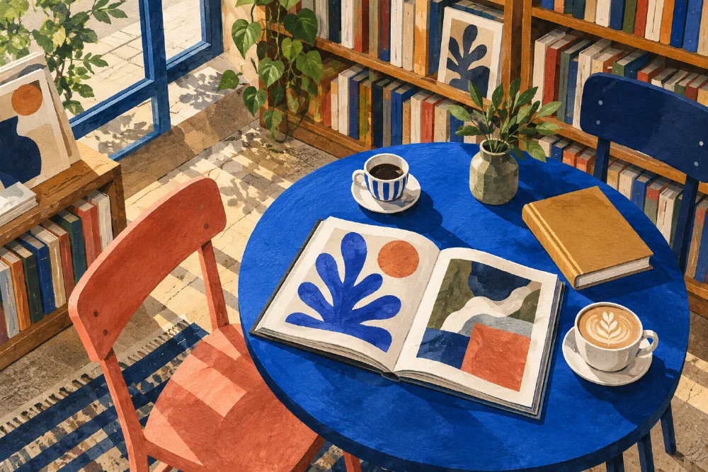 Two cups and an open art book on a blue table in an imagined bookshop café.