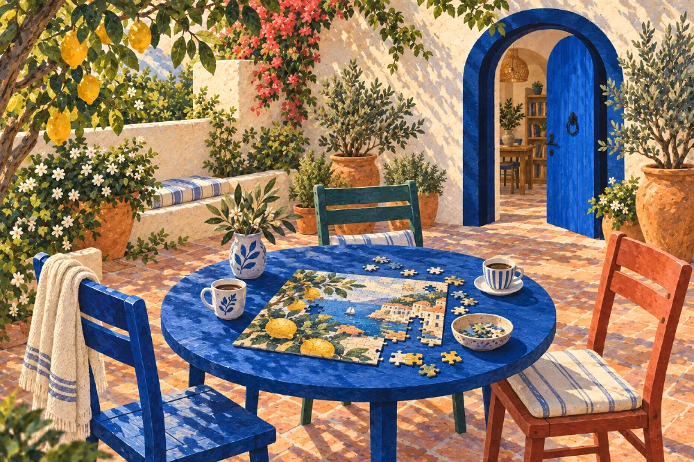 A painted courtyard with a partly finished jigsaw and two coffees on a blue table, three chairs and an open arched blue door.