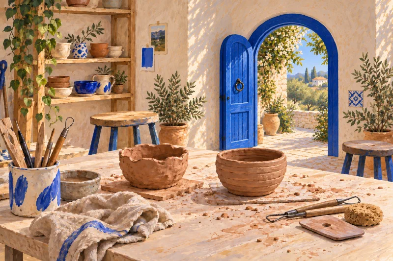 Two unfinished clay bowls on a sunny pottery workbench, with an open arched blue door leading into the studio from a garden.